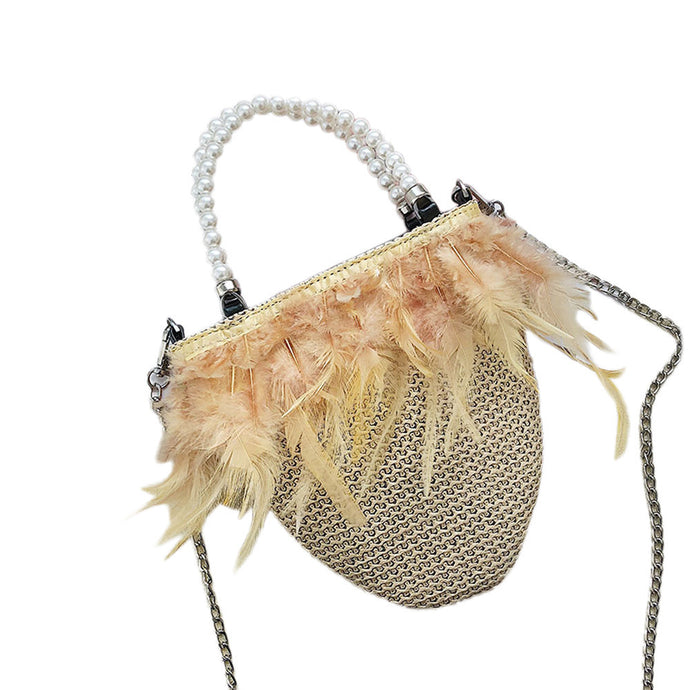 Fashion Women Weave Pearl Feather Crossbody Bag Hand Bag Shoulder Bag