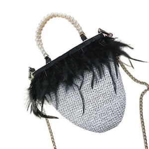 Fashion Women Weave Pearl Feather Crossbody Bag Hand Bag Shoulder Bag